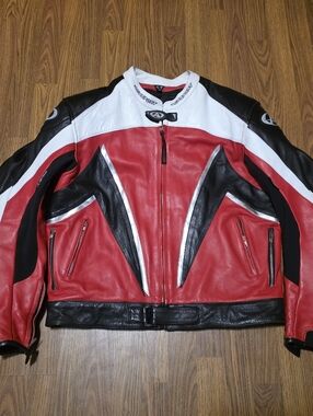 AGV Sport Leather Moto Jacket Mens L 50 Red White Black Racing Biker Padded VTG